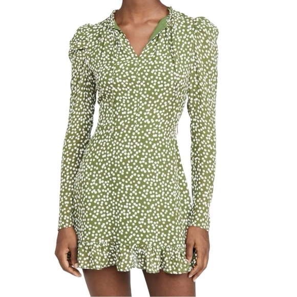 Reformation Marcy Dress Green Polka Dot Print Long Sleeve Size 10 Ruffle Trim - Picture 1 of 11